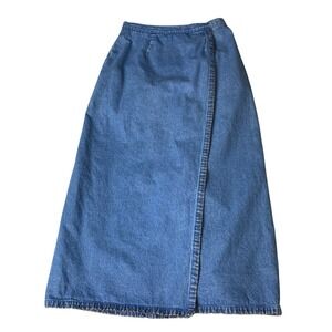 VTG Y2K Christopher Banks Blue Denim Faux Wrap Embroidered Skirt Women's 10 boho